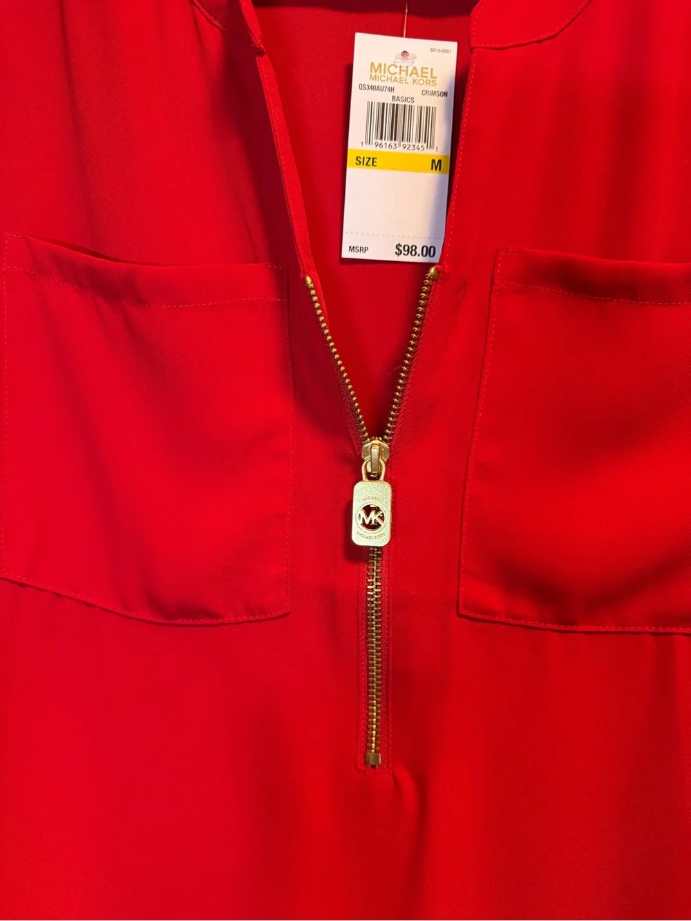 Michael Kors Bright Red Zip-Pocket Long Sleeve Blouse - Picture 3 of 5